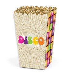 a paper bag with the word disco printed on it and some chocolate sprinkles