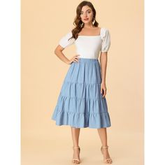 Slant pockets for effortless wear and an A-line tiered flare hem help to create an elegant and flowy look in spring or summer. In a midi length, this skirt with a fit-and-flare silhouette and an elastic waist exudes a carefree summer feel. This midi skirt features a ruffle hem and side pockets for a crisp finish to any look. Pair it with any sandals to create a variety of looks. Long A Line Skirt, Skirt With Pockets, Midi Skirts, Women's Skirts, Tier Skirt, Skirts With Pockets, Women Skirts Midi, Casual Blouse, Long A Line