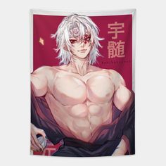 an anime character with white hair and no shirt