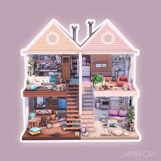 an image of a doll house with stairs and furniture in the living room on top of it