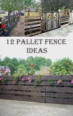 several pictures of different types of fences with flowers in them and the words, 12 pallet fence ideas