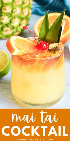 an orange cocktail with garnish on the rim and pineapple in the background