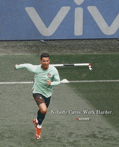 a man running across a tennis court with a racquet in his hand and the words nobody cares work harder on it