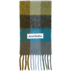 Rectangular brushed alpaca, wool, and mohair-blend scarf featuring check pattern in tones of green, blue, and grey. Textile logo patch in white and black embroidered at face. Fringed detailing at ends. Approx. 98 length x 11 height.Supplier color: Olive green/Turquoise blue/Grey Acne Scarf, Checkered Scarf, Check Scarf, Woolen Scarves, Studio Green, Checked Scarf, Textile Logo, Alpaca Wool, Green Turquoise