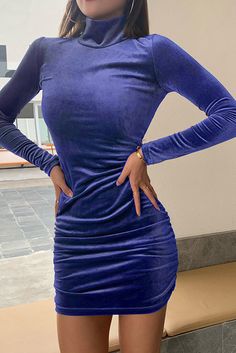 Blue Velvet High Neck Long Sleeve Mini Dress Fall Winter Dresses, Costume Intero, High Neck Long Sleeve, Long Sleeve Mini, Dress Size Chart, Club Dresses, Flowing Maxi Dress, Long Sleeve Mini Dress, Glamorous Evening Gowns