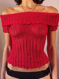 Vermelho Casual Collar Manga Curta Lã penteada Simples  Embellished Não elástico Crochet Off Shoulder Top, Red Crochet Top, Summer Knit Top, Summer Knit Tops, Fairy Clothes, Summer Knitting, Knit Outfit, Knit Fashion