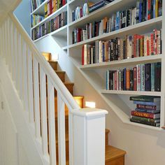 the bookshelves are filled with many different types of books