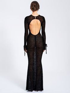 Introducing our latest, Waylynn, a show-stopping sheer animal print velvet burnout cheetah print maxi dress. This iconic long sleeve dress boasts a sexy open back with silver shank button closures at the back neck. The sleeves feature a stylish flare and ribbon tie detail. This design also features a flattering mermaid silhouette that hugs your shape in all the right places. Crafted from high-stretch velvet burnout mesh, its unlined and semi-sheer look exudes sensuality. The invisible zipper at Fall Party Maxi Dress In Leopard Print, Leopard Print Maxi Dress For Fall Party, Satin Corset Dress, Backless Maxi Dress, Jumpsuit And Blazer, Velvet Burnout, Burnout Velvet, Maxi Dress Cocktail, Backless Maxi Dresses