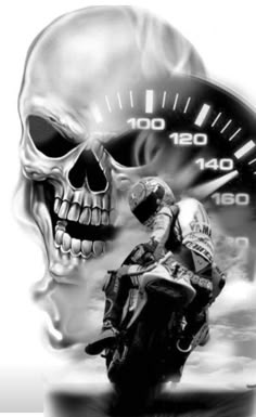 a motorcycle rider with a skull on the speedometer in front of him and an alarm clock behind him