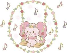 an image of a hello kitty with music notes in the background and flowers around it