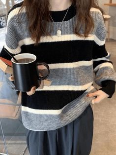 Color Block Striped Knit Sweater - AnotherChill Casual Date Fits, Blue Knitted Sweater, Coffee Date Outfit, Date Fits, Korean Colors, Loose Knitwear, Striped Knitwear, Harajuku Women, Sweater Plus Size