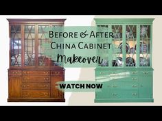 an old china cabinet is painted green and has the words, before & after china cabinet makeover watch now