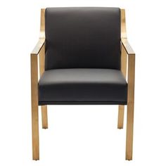 a black leather chair with wooden legs and armrests on an isolated white background