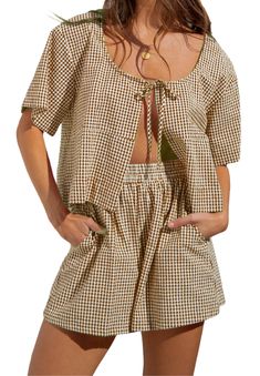 PRICES MAY VARY. ♦Material: Polyester blend. Women plaid 2 piece pajama shorts set made by high quality fabric, lightweight, breathable, skin-friendly, plaid shorts pj set for women, gingham two piece shorts sets, offer comfy wearing experience. ♦Features: Puff sleeve babydoll blouse, with cute bow tie, open front, tie up peplum shirt, half sleeve plaid shirt blouse, loose fit, short sleeve 2 piece pj sets. Short sleeve lounge sets, women y2k two piece summer outfits, y2k 2 piece loungewear, y2k Cheap Cotton Women's Sets, Short Pajama Set Plaid, Mixed Plaid Pajamas, Tan Plaid Pajamas, Lounge Set With Shorts, Nuetral Pajamas, Loungewear Set Pattern, Cute 2 Piece Outfits, Elastic Waist Shorts Outfit