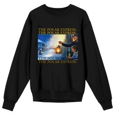 Show some holiday spirit with this Polar Express sweatshirt. The sweatshirt features an image of the conductor and a young boy looking at a snowy street from their position on the train. Yellow text above and below the image repeats the movie's title. The sweatshirt comes in a black long sleeve crew neck. Fans of the Polar Express movie will love this cozy sweatshirt. The Polar Express Movie, Polar Express Movie, Snowy Street, The Polar Express, On The Train, Polar Express, Cozy Sweatshirts, Christmas Shopping, Holiday Spirit