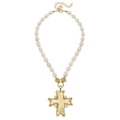 Gold Cross w/ Handset Freshwater Pearls on Genuine Freshwater Pearl Necklace 16 inches with a 3 inch Extender Chain Handcast 24Kt Gold Plated Handmade in San Antonio,TX Pearl Cross Necklace, Susan Shaw, Pearl Strands Necklace, Usa Jewelry, Starfish Necklace, Gold Cross Necklace, Casting Jewelry, 24kt Gold, Freshwater Pearl Necklaces