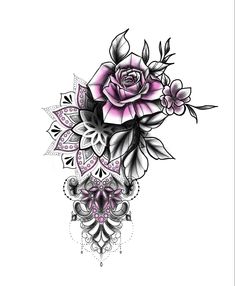 a tattoo design with flowers and leaves on it