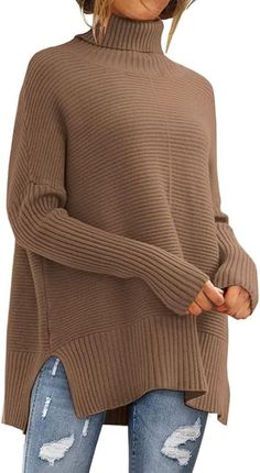 2023 Fall Batwing Sleeve Ribbed Tunic Sweater #afflink Coffee Sweater, Plus Size Pullover, Oversized Turtleneck Sweater, Oversized Turtleneck, Ladies Turtleneck Sweaters, Turtle Neck Sweater