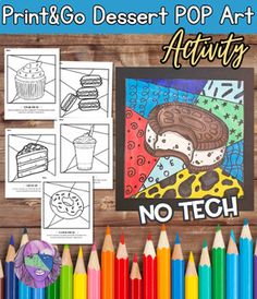 the print and go desert pop art activity is shown with colored pencils