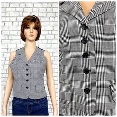 womens Vest Vintage womens plaid Vest Black white Vest Houndstooth Vest Checkered Vest  waistcoats Retro Vest Halter Vest S 0В height of the woman in the photo - 180 cm Please refer to photos for details of condition.  Condition: good vintage Measurements: Length: 50 cm/ 19.7" Bust: 88 cm/ 34.7" Waist: 75 cm/29.5"  Size: S note The color on the pictures may vary due to monitor settings and light reflections. Ready to ship Please do not hesitate to contact with me for any questions. Thank you for Fitted Plaid Vest For Winter, Victorian Vest, Houndstooth Vest, Checkered Vest, Checker Vest, Retro Vest, Purple Vest, Halter Vest, Purple Vests