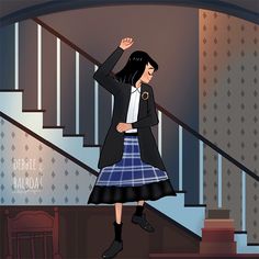 a girl in a school uniform is walking down the stairs with her hand on her head