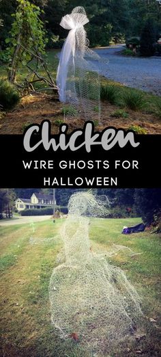 two pictures with the words chicken wire ghosts for halloween on them and an image of a ghost