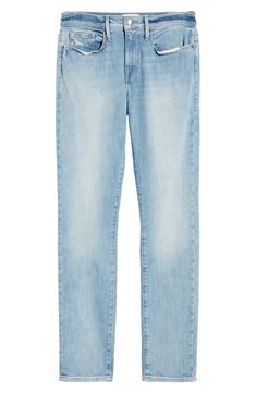 Faded and whiskered stretch denim gives a broken-in finish to casual-cool jeans cut slim through the hips for a modern profile. 32" inseam; 12" leg opening; 9" front rise; 13 1/2" back rise (size 29) Zip fly with button closure Five-pocket style 96% cotton, 3% elasterell-p, 1% elastane. Machine wash, tumble dry Imported Men's Clothing Mens Frames, Slim Jeans, Frame Denim, Mens Denim, Slim Fit Jeans, Stretch Denim, Levi Jeans, Mom Jeans, Top Styles