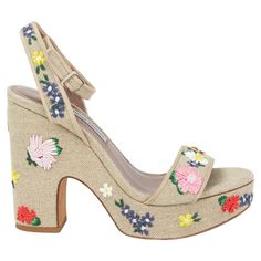 100% authentic Tabitha Simmons Calla Meadow in sand beige natural linen with multicolor floral embroidery. Ankle-strap closure, platform sole and chunky heel. Have been worn and are in excellent condition. Measurements Imprinted Size 38.5 Shoe Size 38.5 Inside Sole 24.5cm (9.6in) Width 8cm (3.1in) Heel 12cm (4.7in) Platform: 4cm (1.6in) All our listings include only the listed item unless otherwise specified in the description above. Elegant Embroidered Summer Heels, Spring Embroidered Fitted Heels, Spring T-strap Platform Heels, Spring Floral Embroidered Block Heels, Floral Platform Heels, Cute 2000s Outfits, Tabitha Simmons, Sand Beige, Aesthetic Shoes