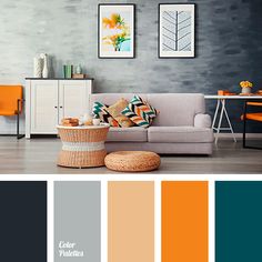 a living room filled with furniture and color swatches in shades of gray, orange, yellow