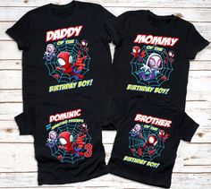 This cute superhero spidey spiderman birthday shirt will make you birthday celebration incredible! Comes in matching family shirts for the whole family to celebrate! HOW TO ORDER: 1.select size 2.add to cart 3. If ordering more than 1 shirt, add each shirt to cart, them you may checkout SIZING Please check the sizing chart in the images and compare to a currently fitting shirt SHIPPING Items take 1-3 business days to be created.  3-5 business days in shipping. RETURNS/EXCHANGES I will replace any shirt that I made a mistake on ( wrong spelling, wrong design, etc.) There are no returns for wrong size or errors on buyers side. Please check the sizing chart before ordering :) Thank you! Spider Man Birthday Shirt For Birthday Party, Spidey Birthday Shirt, Spiderman Family, Friends Birthday Shirt, Spiderman Birthday Shirt, Cute Superhero, Boy Birthday Shirt, Birthday Squad Shirts, Spidey And His Amazing Friends