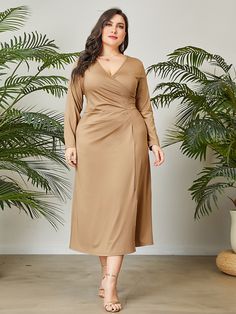 Khaki Casual Collar Long Sleeve Knitted Fabric Plain A Line Embellished High Stretch  Women Plus Clothing Shein Clothes, Elegant Plus Size, Shein Dress, Curvy Girl Outfits, Long Sleeve Knit, Dress P, Plus Clothing, Plus Size Dresses, Neck Dress