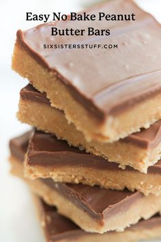 chocolate and peanut butter bars stacked on top of each other