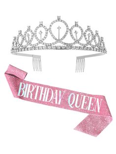 two tiaras and a ribbon with the words birthday queen on it, both in pink