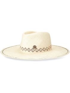 light beige straw interwoven design wide brim centre-dent crown cut-out detailing appliqué logo pull-on style Wide Brim Fedora, Wedding Guest Looks, City Dress, Masks Art, Chanel 2, Demi Fine Jewelry, Summer Beach Wear, Flat Boots, Fedora Hat