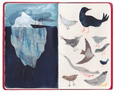 an open book with birds and icebergs on it