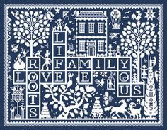 a cross stitch pattern with the words family love is written in white on a blue background