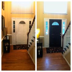 two pictures of the inside of a house, one with stairs and the other with a black door