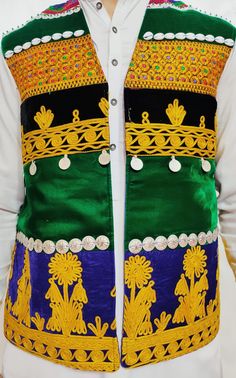 "Here is an Afghan Kuchi Pashtun men handmade zari  silver embroidery work vest waistcoat. Traditionally such vests are used on special events like wedding Nikah and Mehndi event. Available in small, medium and large size. It contains very beautiful golden color threads embroidery work which is traditionally called \"Zari or Tilai\" embroidery work. Fabric is long lasting, comfortable and breathable." Traditional Nehru Jacket With Intricate Embroidery, Traditional Sleeveless Nehru Jacket With Intricate Embroidery, Traditional Nehru Jacket With Gold Embroidery For Transitional Season, Traditional Nehru Jacket With Gold Embroidery For Ceremonial Occasions, Traditional Sleeveless Vest For Eid, Traditional Multicolor Festive Vest, Traditional Festive Vest With Intricate Embroidery, Traditional Vest For Eid Festivities, Traditional Festive Vest For Eid