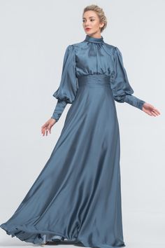 Modest Steel Blue Satin Bridesmaid Dresses Long Sleeves High Neck Long Sleeve Evening Dress For Fall, Elegant Long Sleeve Floor-length Dress For Winter Evening, Elegant Long Sleeve Winter Evening Dress, Winter Floor-length Long Sleeve Dress, Elegant Long Sleeve Floor-length Dress For Winter, Elegant High Neck Long Sleeve Dress For Fall, Elegant Long Sleeve Floor-length Winter Dress, Elegant Long Sleeve High Neck Dress For Evening, Elegant High Neck Long Sleeve Evening Dress