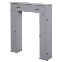 an image of a grey fireplace mantel with two doors on each side and one drawer at the top