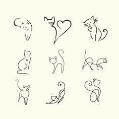 a set of nine hand drawn cats with different shapes and sizes, all in black on a white background