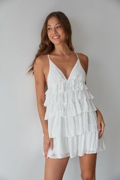 Get ready for sunshine and good times in the Boardwalk Tiered Ruffle Tie Back Mini Dress! This adorable mini dress features a V-neckline, tiered ruffles, and an open adjustable tie back. Available in white and turquoise. Pair with some cute sandals to complete the look! Details 65% Rayon, 35% Polyester Lining: 100% Rayon Slip on Elastic band under bust Criss cross tie back Hand wash cold Tiered Ruffle Mini Dress, Velvet Lace Dress, White Dresses Graduation, Rush Outfits, Tiered Ruffle Dress, Corset Mini Dress, Grad Dresses, Ruffle Mini Dress, Cute Sandals