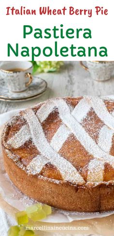 this italian wheat berry pie has been made with pasta and is topped with powdered sugar