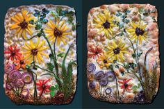 three different images of flowers made out of food