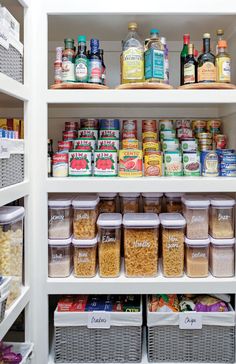 an organized pantry filled with lots of food