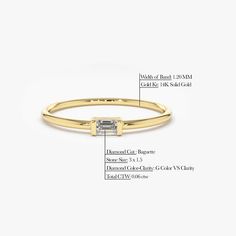 Made to Order 
Gold: 14K Solid Gold
Diamond-Cut: Baguette
Baguette Diamond : 1 pc 3 x1.5
Total CTW: 0.06ctw
Diamond Color-Clarity: G Color VS Clarity
Width of Band: 1.20mm

A single baguette cut diamond lies across a slender gold band perfect for stacking with other rings. Measure Ring Size, Solitaire Diamond Ring, Baguette Ring, Local Jewelry, Baguette Cut Diamond, Solitaire Diamond, Diamond Solitaire Rings, Baguette Cut, Wrap Rings