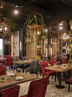 a restaurant with red chairs and wooden tables, hanging plants and potted plants on the walls