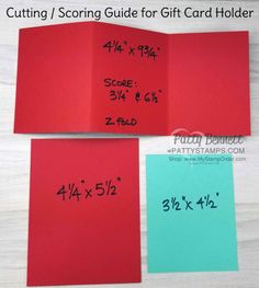 two pieces of red paper with numbers on them and the words cutting / scoring guide for gift card holder