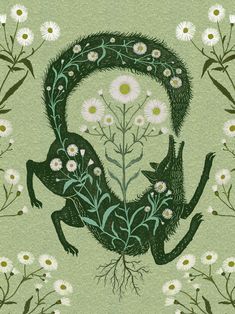 a painting of two cats in the middle of daisies and wildflowers on a green background