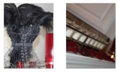 two pictures one with red candles and the other with black feathers on top of it